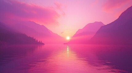 Wall Mural - pink sunset over calm lake and mountains.
