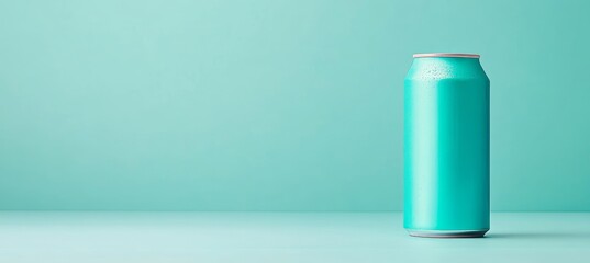 Poster - Teal Aluminum Drink Can Mockup on Minimalist Green Background, Refreshing Beverage Packaging