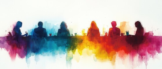 Wall Mural - Creative Silhouette of a Group Meeting with Colorful Watercolor Effect on a Bright Background