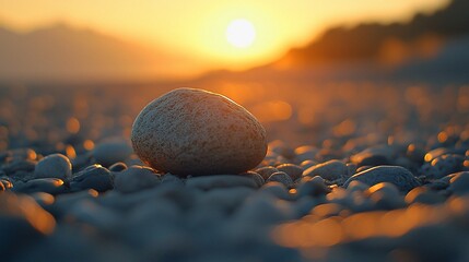 Canvas Print - Single large stone on pebble beach at sunset.