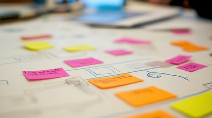 Aufkleber - A closeup of a teams brainstorming session surrounded by sticky notes and diagrams on a whiteboard indicating a collaborative approach to process improvements.