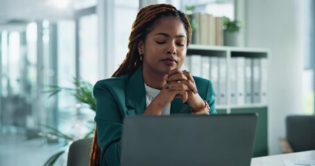 Poster - Business woman, thinking and decision for investment planning and choice or problem solving. Trader, laptop and research for solution and administration at job with idea and African female employee
