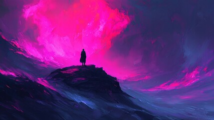 Canvas Print - Silhouette of a person on a cliff against a vibrant pink and purple sky.