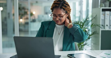 Aufkleber - Business woman, laptop and neck pain from burnout and desk job with muscle inflammation from stress. Deadline, injury and joint ache of employee with professional and tension of African female worker