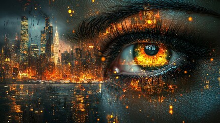 Wall Mural - Fiery city reflected in a woman's eye.