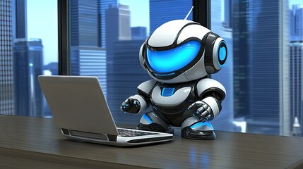 Poster - Cute Robot Working on Laptop in Modern Office with City View