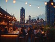 © SKIMP Art - A rooftop bar with string lights, people socializing and enjoying drinks, overlooking the city skyline at dusk The scene captures an urban evening party atmosphere with a focus on group Generative AI