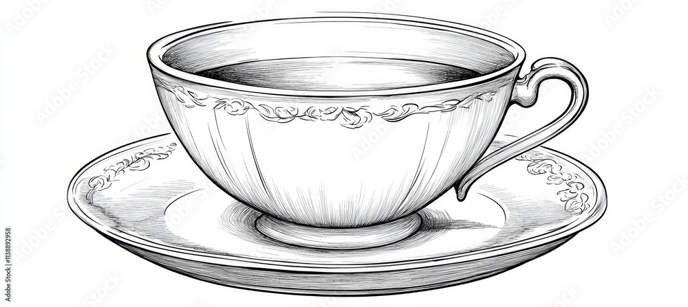 Black and white vector outline drawing of a single tea cup for coloring ...