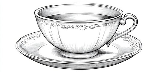 Wall Mural - black and white vector outline drawing of a single tea cup for coloring on a white background