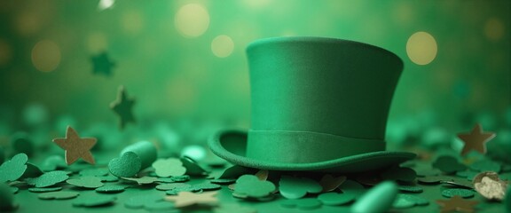 Green Leprechaun Hat with Festive Clovers Against Sparkling Background