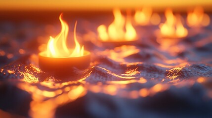 Wall Mural - Burning flames in small bowls on textured surface at sunset.