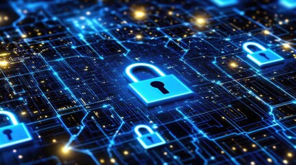 Poster - Digital Lock Icons on Abstract Blue Network Background Design