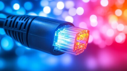 Poster - Close-up of Illuminated Ethernet Network Cable Against Abstract Technology Background