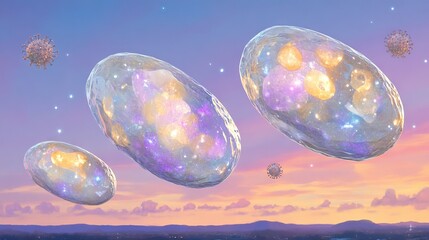 Poster - Ethereal Floating Shapes with Cosmic Elements Against Sunset Sky