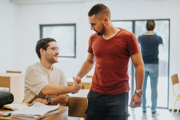 Poster - Two high school students engage in a friendly handshake in a well-lit classroom. One student is standing, while the other is seated, fostering an atmosphere of camaraderie.