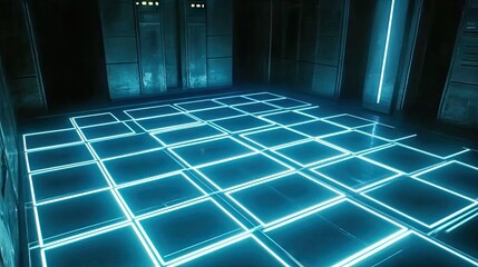 Poster - Futuristic Neon Grid with Bright Light Panels in Dark Room