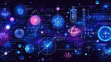 Poster - Colorful Cosmic Elements and Scientific Symbols on Dark Background