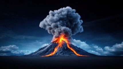 Erupting volcano with ash clouds and flowing lava.