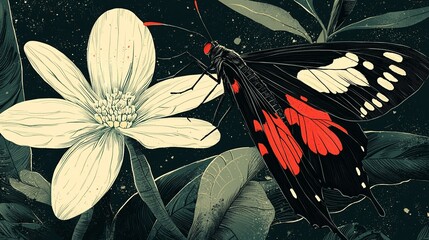 Wall Mural - Red and black butterfly on a white flower.