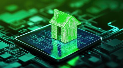 Poster - Green House Model on Circuit Board Background for Digital Concept