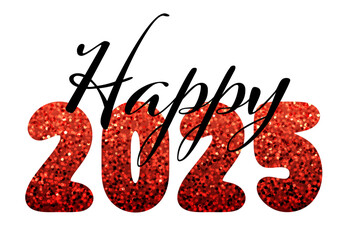 Canvas Print - Bold Happy 2025 typography featuring vibrant red glitter numbers and elegant cursive text. Vector illustration for festive celebrations.