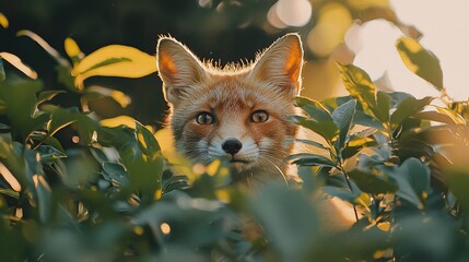 Wall Mural - Red fox peering through lush green foliage at sunset.