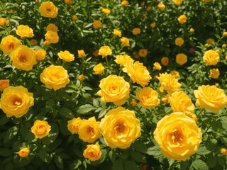 Wall Mural - Vibrant yellow roses bloom in a lush green garden bathed in sunlight, beauty, detail