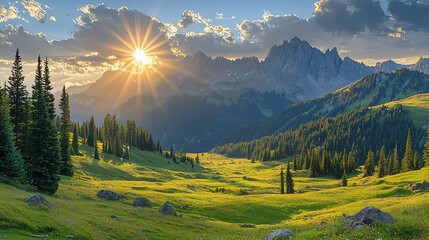 Canvas Print - Majestic sunset over green valley and mountains.