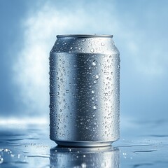 Poster - Ice Cold Refreshment A Blank Metallic Can with Condensation on a Cool Blue Studio Background