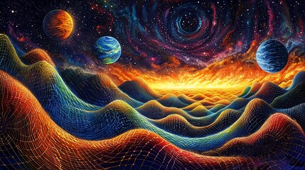 Wall Mural - Vibrant cosmic landscape with fiery sunset, planets, and nebula.