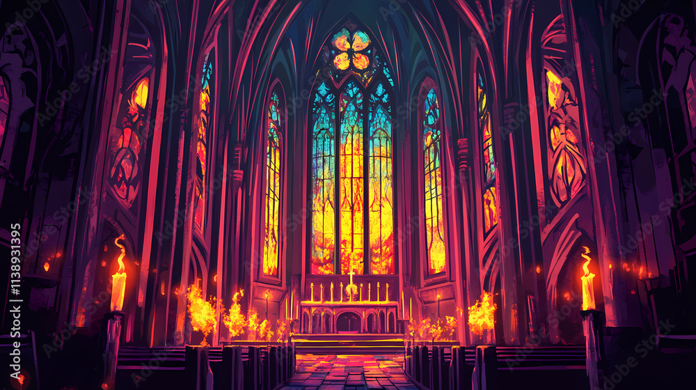 Gothic cathedral interior with tall stained glass windows and ...