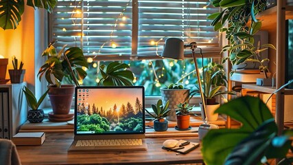 Aufkleber - This calm workspace with plants and soft light fosters a serene environment for focus.