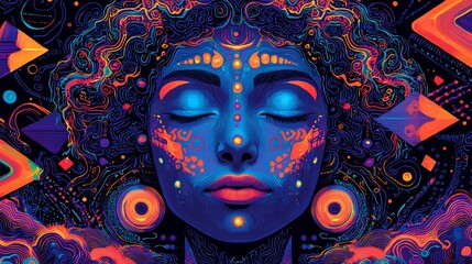 Wall Mural - Vibrant psychedelic portrait of a woman with closed eyes and glowing face paint.