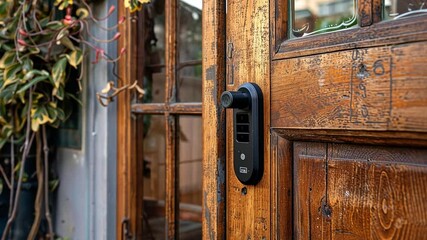 Aufkleber - This smart lock mounted on a rustic wooden door, surrounded by vibrant green plants in a cozy setting.