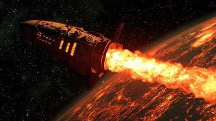 Wall Mural - spaceship launching into space, fiery exhaust trail visible against earth's horizon.