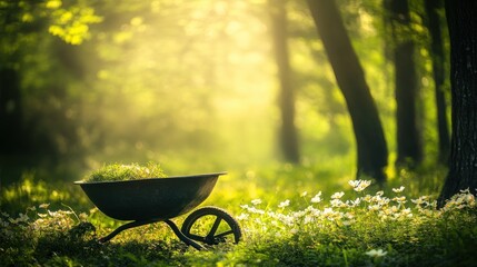 Wall Mural - Wheelbarrow filled with grass in a sunlit forest.