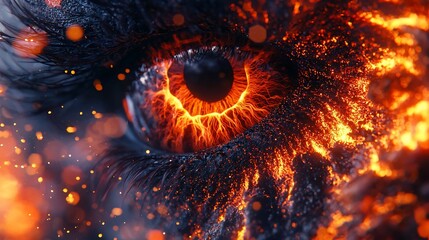 Wall Mural - Fiery, close-up view of a burning eye, embers and sparks.