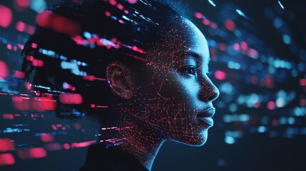 Wall Mural - Woman's profile, digital data streams, glowing, futuristic, technology.