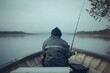 © Boris - Solo fisherman in boat on tranquil lake, misty morning