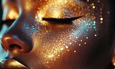 Wall Mural - Close-up of a face adorned with shimmering glitter and makeup.