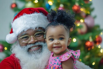 Santa claus with cute brazilian baby boy with happy emotion. Festive knee with attractive baby boy. Santa claus baby happiness joy. Smiling toddler with santa. Toddler cute santa claus photo.