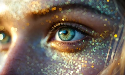 Wall Mural - Close-up of an eye adorned with glitter and shimmering light.