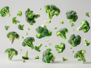 Wall Mural - Various falling fresh ripe broccoli on light white background, horizontal composition