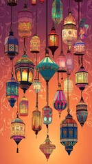 Poster - Colorful Hanging Lanterns Illuminated Against Warm Background