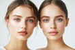 © Worrapol - Two Young Women with Beautiful Facial Features and Bright Blue Eyes against a Soft Neutral Background Showcasing Natural Beauty and Youthful Radiance