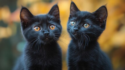 Naklejka na meble a black cat with red eyes sitting next to another black cat