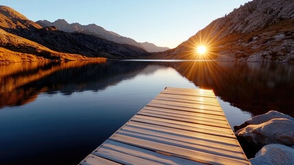 Wall Mural - Serene sunrise over peaceful lake with wooden pier and mountains in background