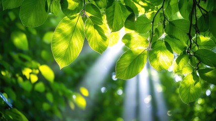 Wall Mural - sunlight filtering through vibrant green leaves with rays highlighting foliage