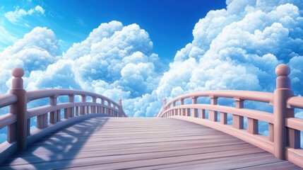 Wall Mural - A serene journey across a wooden bridge into the heavens, where subtle layers of light merging into a vast blue sky, endless inspiration unfolds Clouds drift gently, painting the horizon with