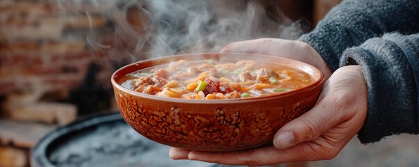 Capture the essence of culinary tradition with this close-up shot of a street food vendor preparing an authentic, steaming bowl of broth This appetizing image perfectly highlights the beauty of